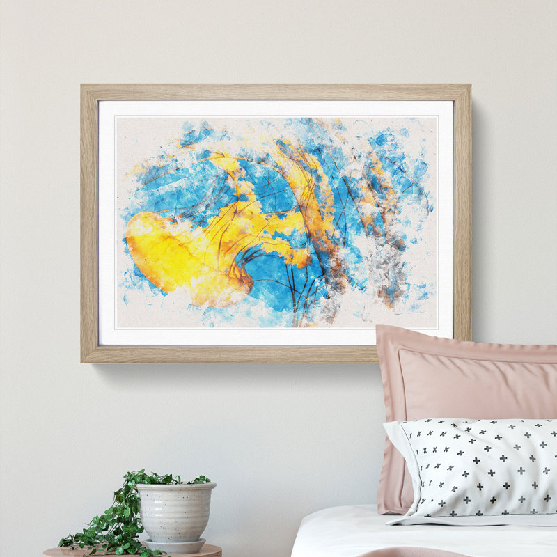 Yellow Jellyfish Watercolour - Framed Print, Oak, 33cm H x 45cm W x 2cm D