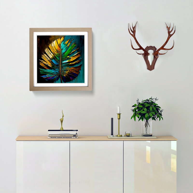 Palm Leaf Palette Knife Painting - Single Picture Frame Print on Wood, Oak