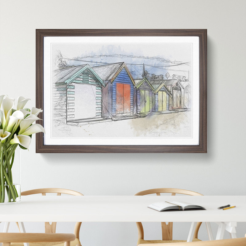 Colourful Beach Huts - Picture Frame Painting, Walnut, 27cm H x 36cm W x 2cm D