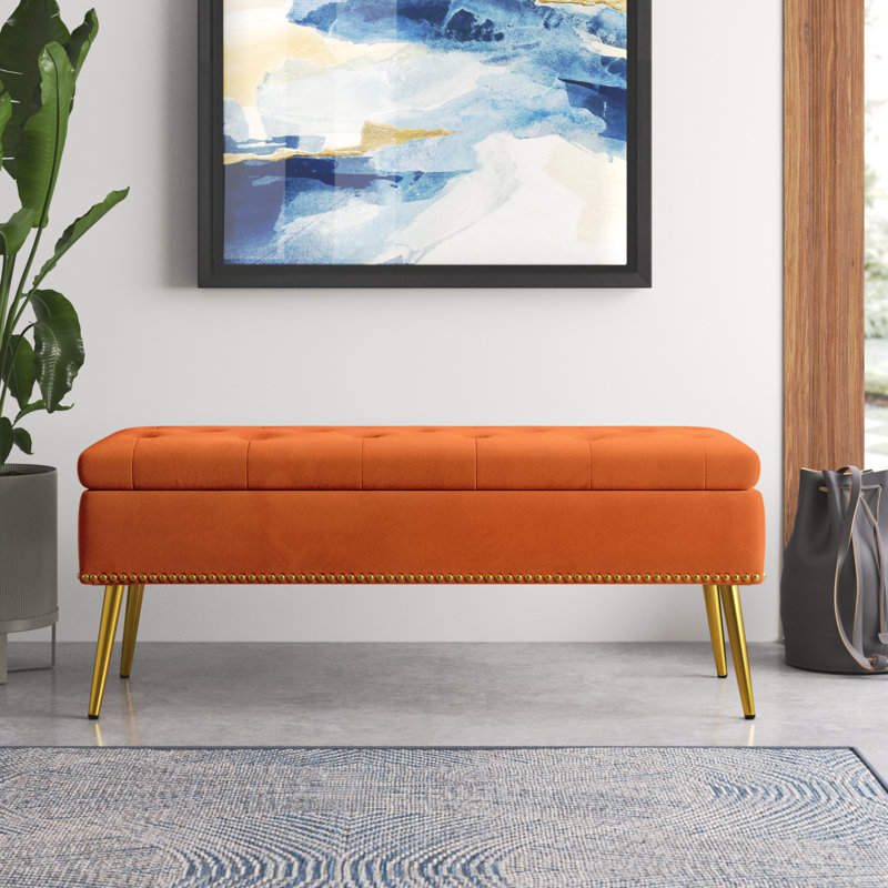 Banc de rangement rembourré en velours Kajana, Velours orange
