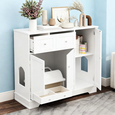 39.2" X 31.5" Cat Litter Enclosure In White , Dual - Function Side Table And , Fits Most Small Boxes, Odor Control, Drawer Shelf Storage For Cat's Items High Enclosure, As Accessories, Private Space,