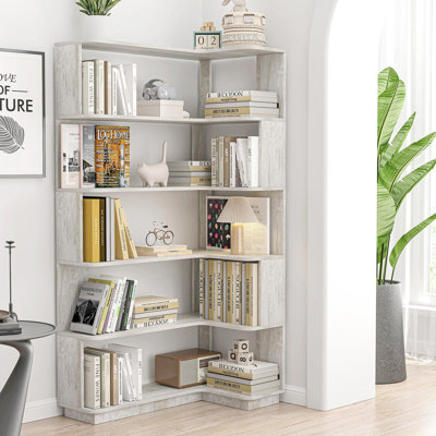 90Cm (35.43") Extended Size Freestanding Corner Bookshelf For Living Room, Bedroom, Home Office, Wooden Bookcase With Anti-Drop Panel And Anti Tipping Device, Open Storage Display Cabinet 5 Colors