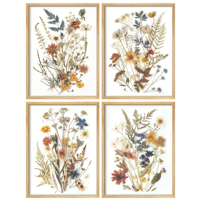 «Wild Floral Botanical Rustic Artwork, encadré, impression, affiche, petit art mural de salle de bain», 4 pièces, Naturel