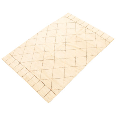 Tapis décoratif crème à motif géométrique en laine nouée à la main pouine