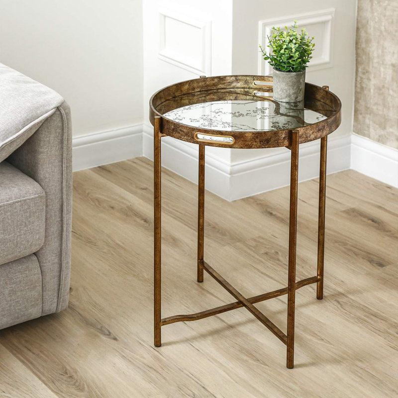 Tacara Round Metal End Table for Living Room Furniture, 59cm Sofa Side Table, Mirror Top Accent Table