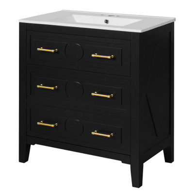 Meuble-lavabo noir l 30 po avec lavabo en céramique, meuble-lavabo simple autoportant avec 3 tiroirs et meuble de rangement en bois massif