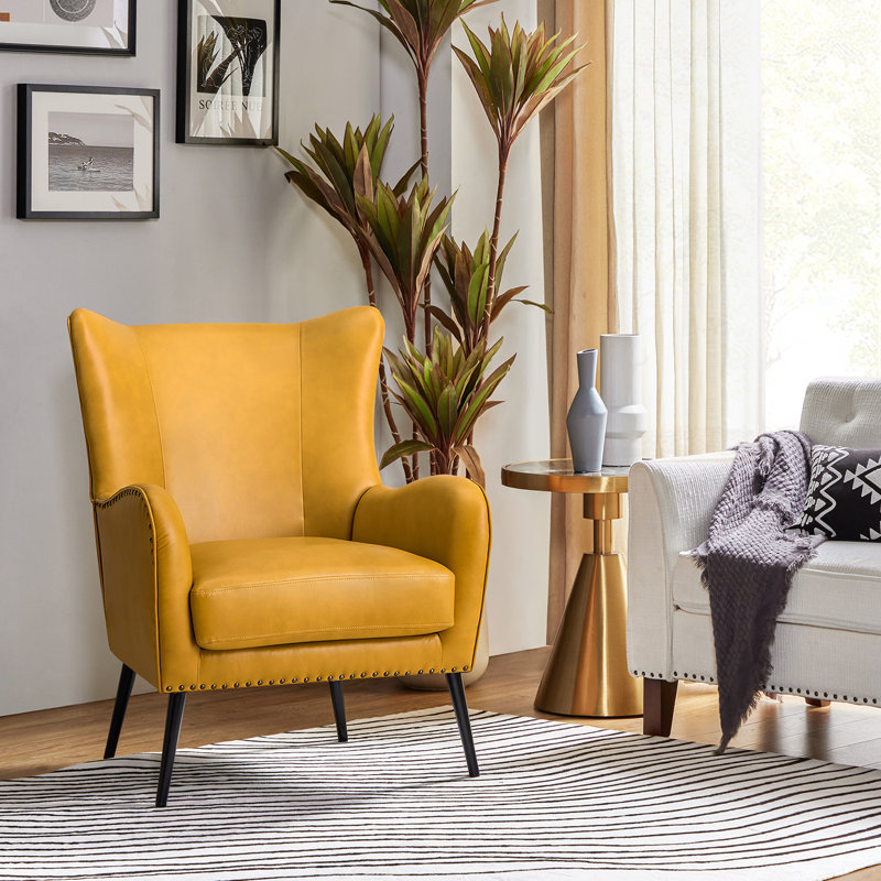 Cahyadi 76cm W Modern Faux Leather Chair with Wingback, Cahyadi Yellow Faux Leather