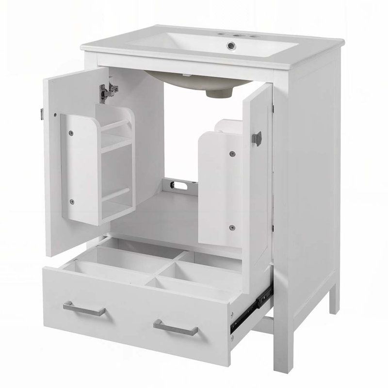 Meuble-lavabo de salle de bain avec lavabo en céramique avec 2 portes et 1 tiroir, Blanc
