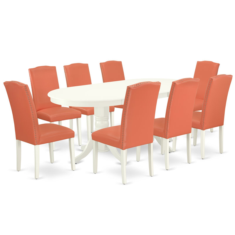 Ensemble de table de salle à manger 5 pièces composé d'une table de salle à manger et de 4 chaises rembourrées en cuir de polyuréthane rose avec dossier haut - Lin blanc