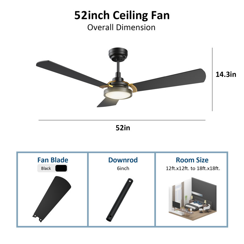 52'' Ceiling Fan with LED Lights, Black/Golden