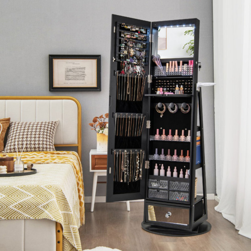 Armoire à bijoux verrouillable pivotante à 360 ° avec miroir DEL pleine longueur