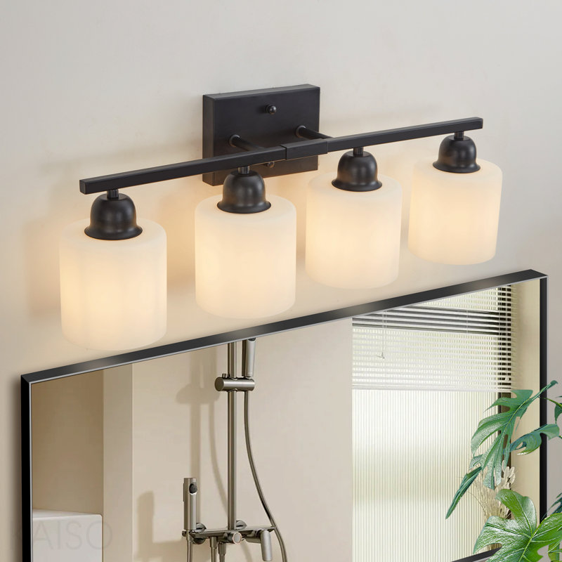 Luminaires de salle de bain noirs, miroir de coiffeuse moderne à 4 lumières, appliques murales avec abat-jour en verre givré blanc laiteux, douille E26 (ampoules non incluses)