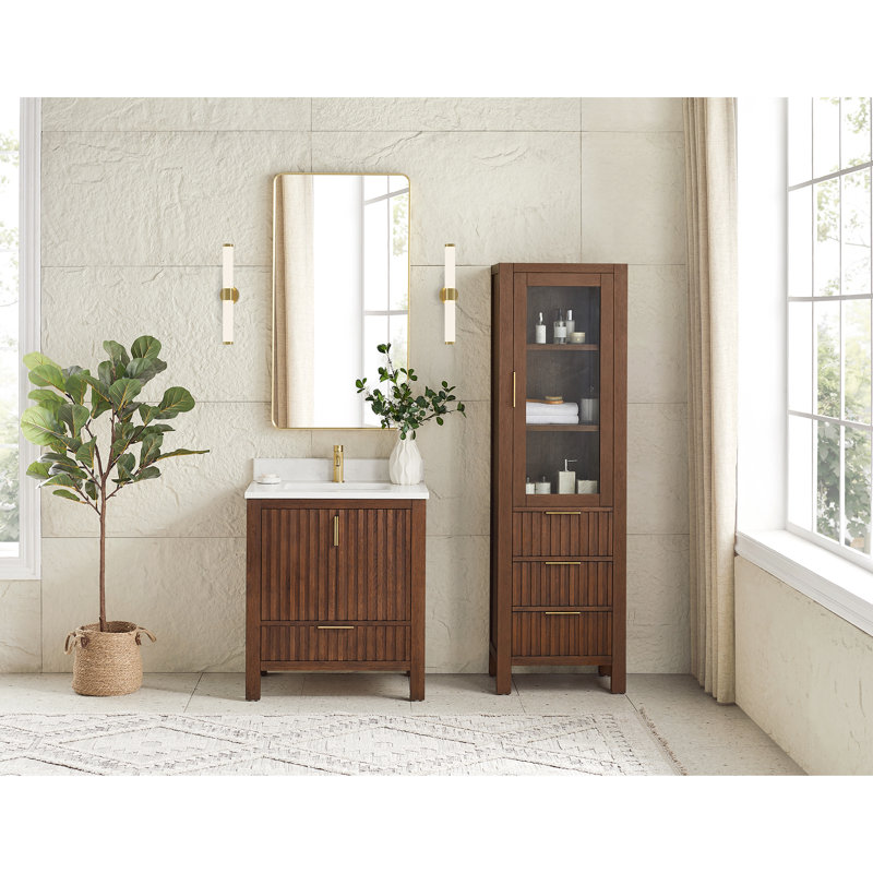 Meuble-lavabo à simple cuve 30 po en chêne brun foncé avec plateau en pierre composite à grain blanc, 30"