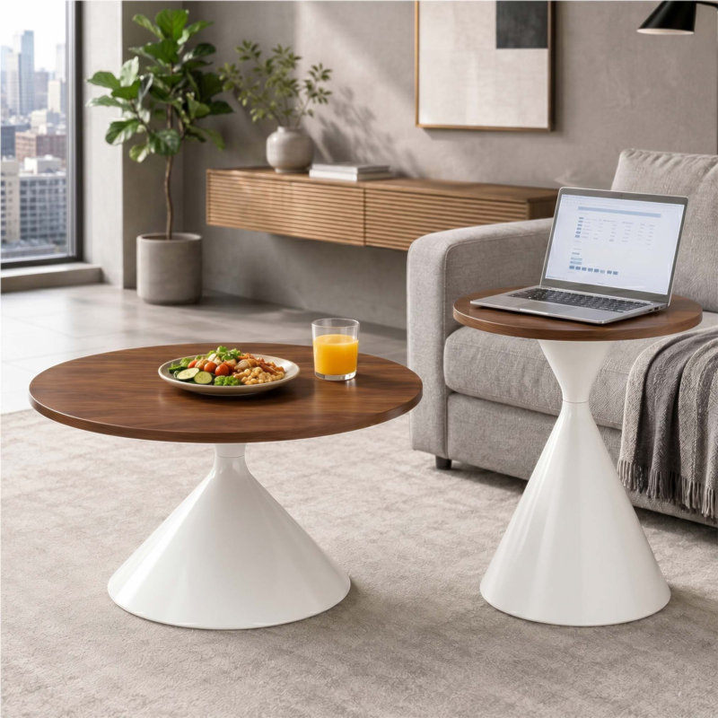 Ensemble de tables basses rondes multifonctionnelles 2 pièces, plateau à motif avec base en acier pour une utilisation durable et élégante