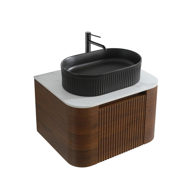 Meuble-lavabo de salle de bain moderne et incurvé, Walnut, 24, Black
