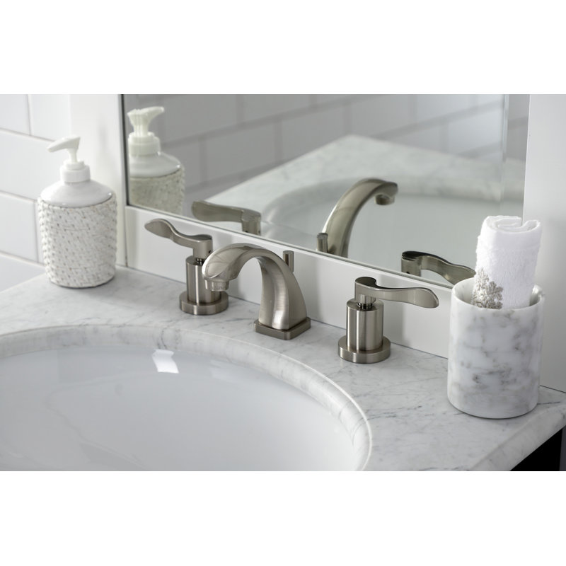 Kingston Brass NuWave Two-Handle 3-Hole Deck Mount Widespread Bathroom Faucet with Brass Pop-Up Drain, Brushed Nickel