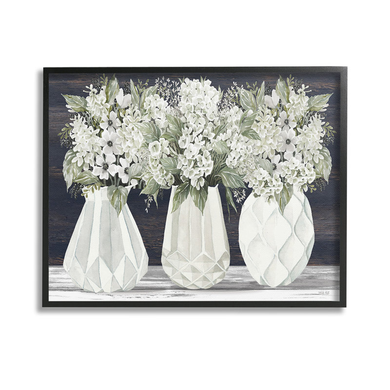 Fleurs dans des vases géométriques, estampe numérique encadrée par Cindy Jacobs, H 11 po x l 14 po