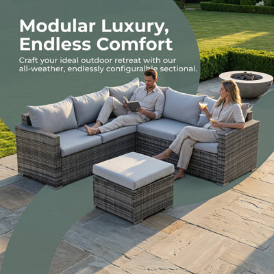 Ensemble modulaire de meubles de patio en osier, ensemble de conversation modulaire en L en rotin PE toutes saisons avec repose-pieds et coussins lavables, canapé d'angle pour terrasse de jardin, rotin gris