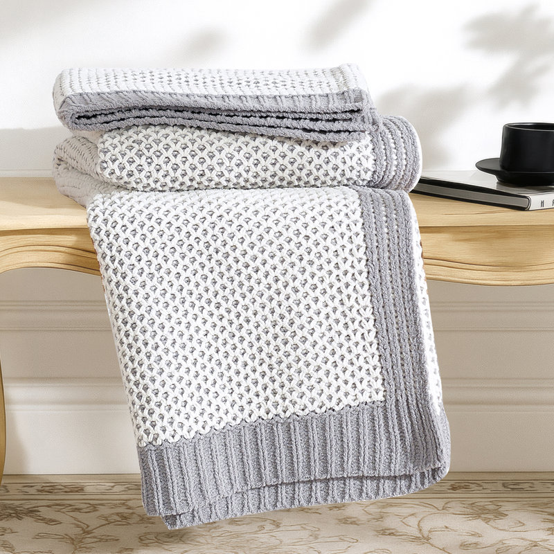 Jeté chenille en tricot nid d'abeille, doudou décoratif réversible, chaleur douce et légère, Gris / Blanc
