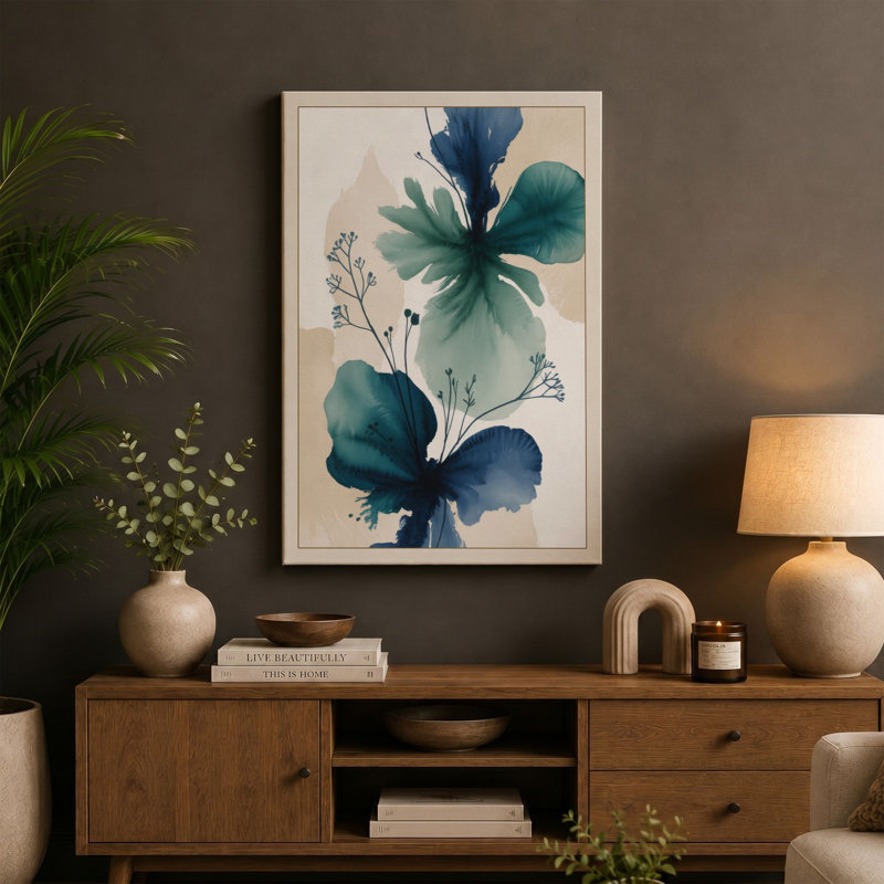 Watercolour Botanicals Botanical 1 Piece Wrapped Canvas Wall Art, 18x12 - 45.7 x 30.5 cm, Teal Border