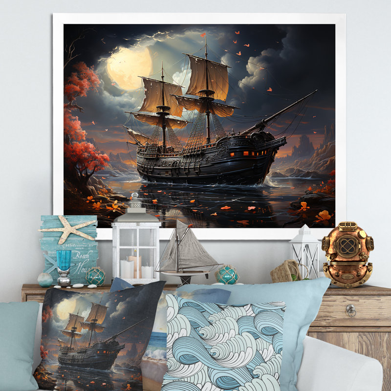 Pirate Ship Nightly Voyage I - Art mural pirate, Cadre de coin blanc fermé, H 16 po x l 32 po x P 1 po