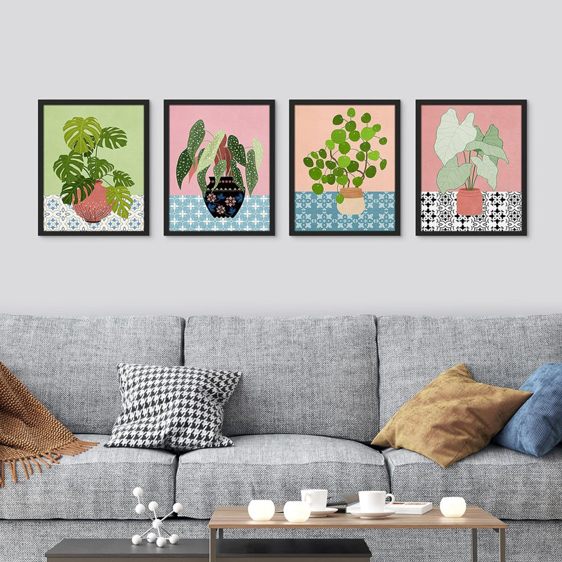 «Antique Vases Botanical Plant», reproduction encadrée de 4 pièces, H 10 po x l 8 po x P 1 po, Encadré naturel