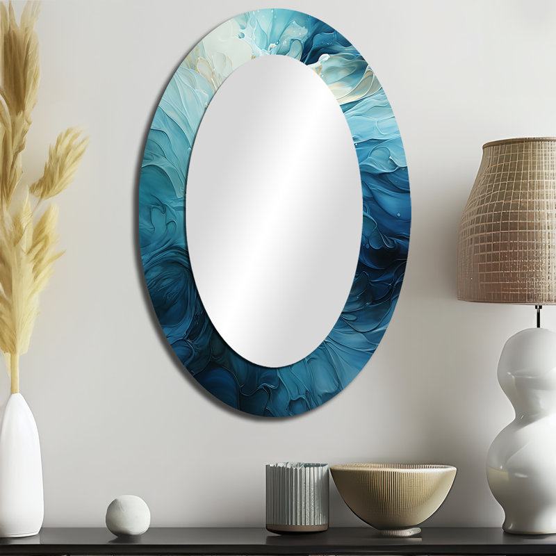 Turquoise bleu et blanc Serenity Swirl III - grand miroir mural ovale sur métal, 36 po x 24 po