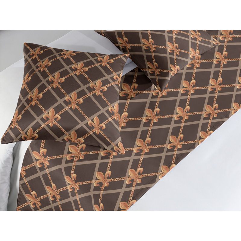 Ambesonne Fleur De Lis Bed Runner Set French Pattern Squares  Chocolate Marigold Tan, King