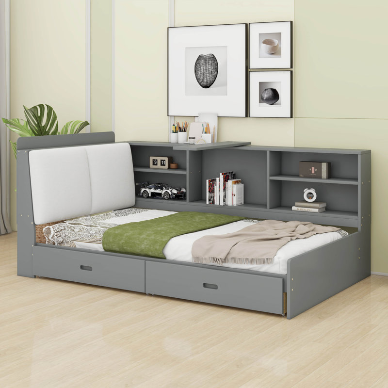 Twin Size Wood Daybed Platform Bed With Bookcase Storage Headboard, Shelves And 2 Drawers, Gray