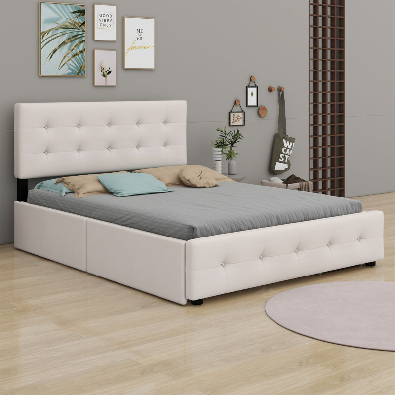 Lit plateforme tapissier avec tête de lit classique et 4 tiroirs, Beige