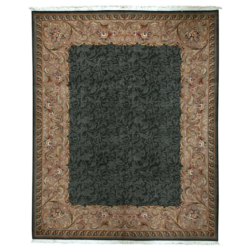 Hand Knotted Wool Oriental Area Rug in Green And Cream