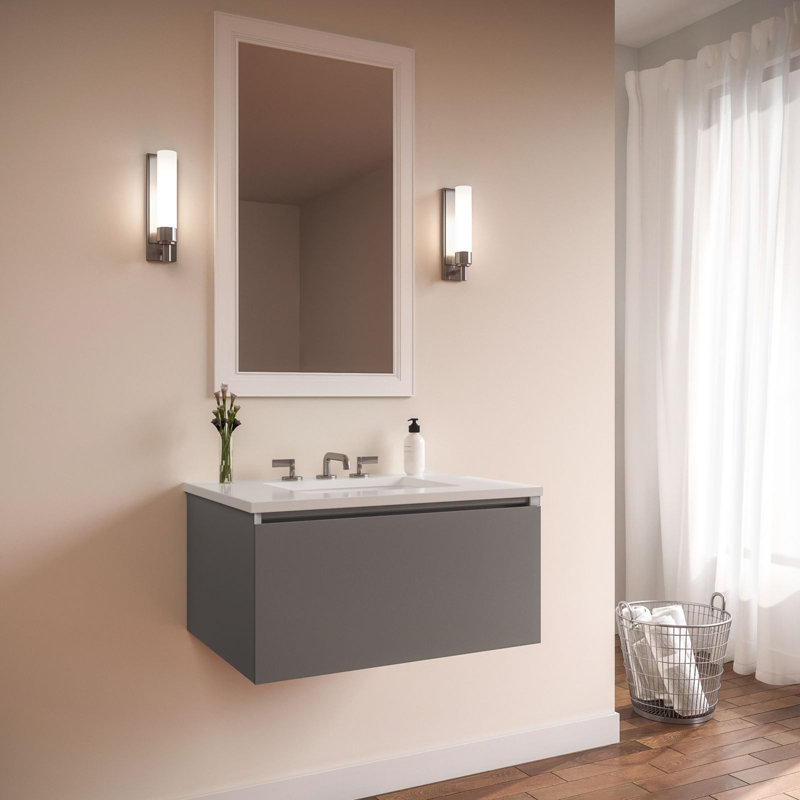 Curated Cartesian 25" Wall-Mounted Single Bathroom Vanity Set, Matte Grey, Quartz White, 25" Width