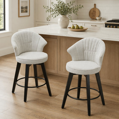 Tabourets de bar pivotants à oreilles (ensemble de 2), hauteur de comptoir réglable de 25 po, revêtement en chenille avec pieds en bois massif, pieds de nivellement pour îlot de cuisine, pub ou salle à manger (blanc) | Idée cadeau