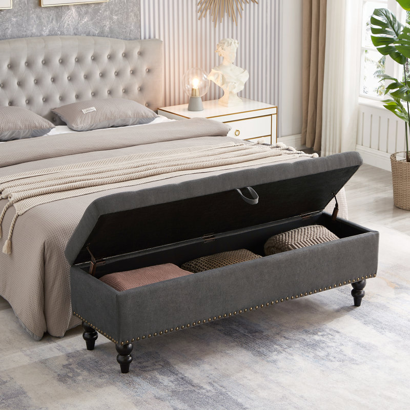 Bed Bench With Grey Storage Fabric 59" - Button Tufting For Living Room & Hallway Bedroom Comfortable Seating, Gray