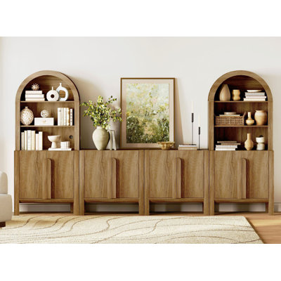 71"H X 126"W Tall Arched Bookshelf With 4 Cabinets And 8 Doors, Modern 10-Tier Bookcase With Open Storage, Large Wood Display Cabinet For Living Room Bedroom Home Office Kitchen
