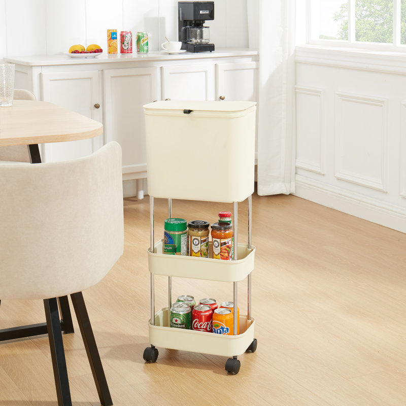 Kitchen Trash Can with Lid Garbage Bin with 2 Storage Shelves Narrow Waste Basket Snack Cart with Wheel