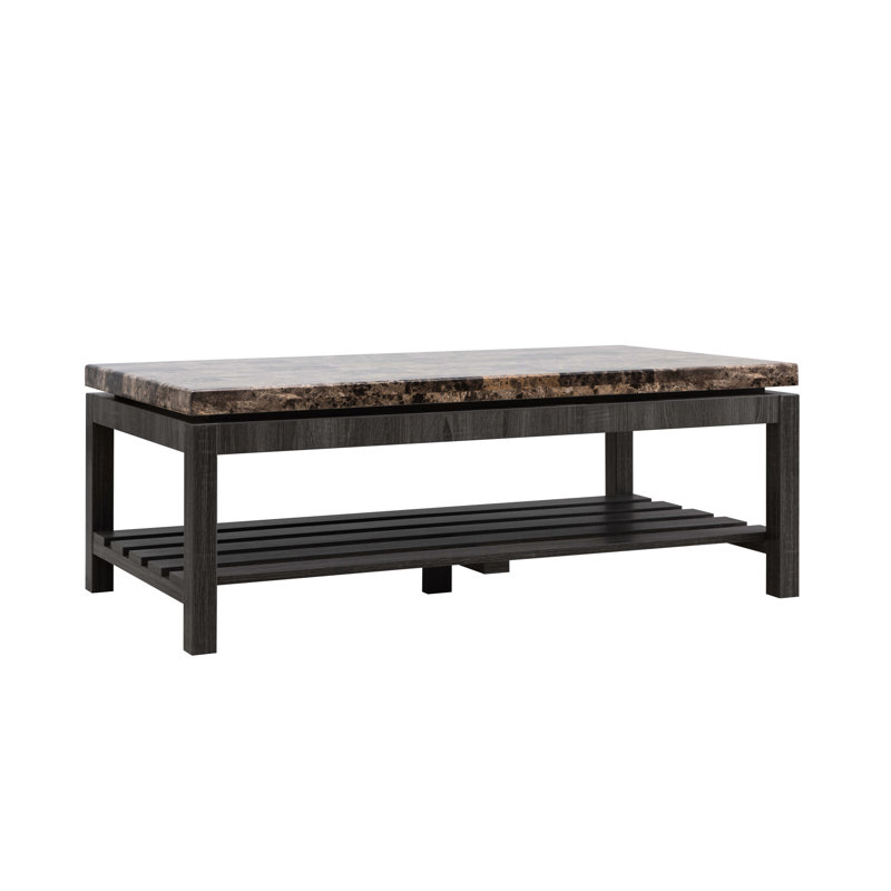 Table basse en faux marbre lustré, tablette à lattes, table grise patinée avec tablette, ornement de couloir
