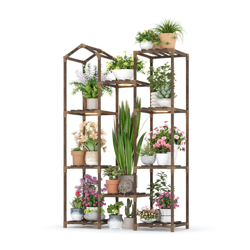 Support à plante à 4 niveaux en bois avec toit pour balcon, coin ou salon