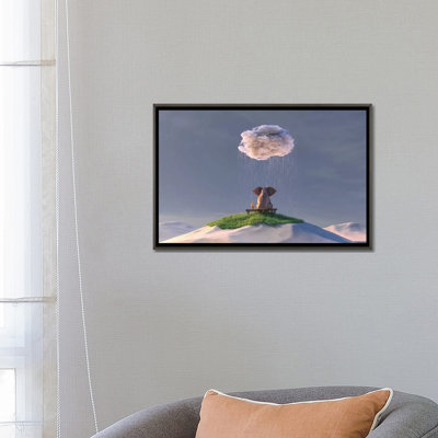 " Elephant And Dog Are Sitting In The Desert In The Rain "
