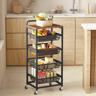 5-Tier Kitchen Storage Cart With Pull-Out Baskets, Rolling Trolley With Wheels, Handle