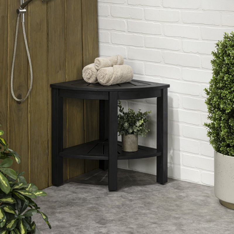 Maris Coastal 18" Black Acacia Wood Corner Shower Stool, 2-Tier Indoor/Outdoor Bath Bench with Storage Shelf for Bathroom & Spa