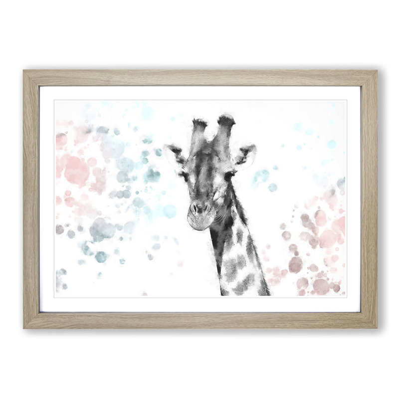 Giraffe with Paint Splashes - Picture Frame Graphic Art Print, 24cm H x 33cm W x 2cm D, Oak Framed