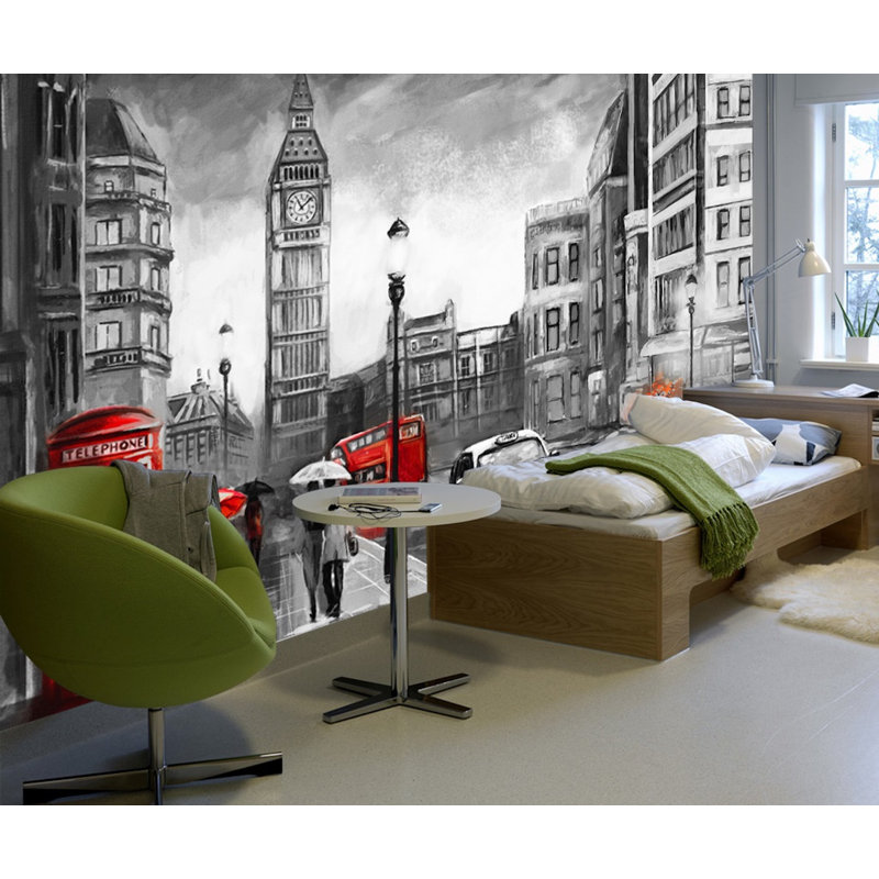 Monochrome Cityscape Charcoal City Landscape Textile Wallpaper, 114”L x 204”W
