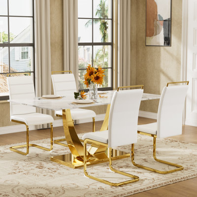 Ensemble de table de salle à manger 63 po en verre rectangulaire avec chaises en polyuréthane 4/6, pieds en métal