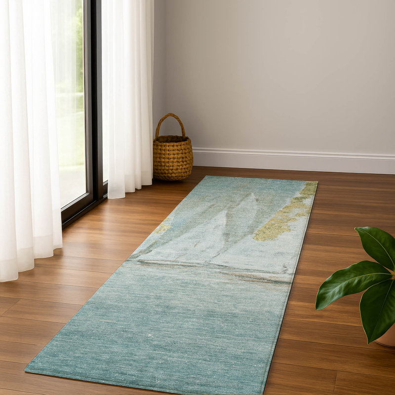 Premium Machine Washable Mayfield AMF2084 Coastal Rug, 2'3" x 7'6" Runner, Teal