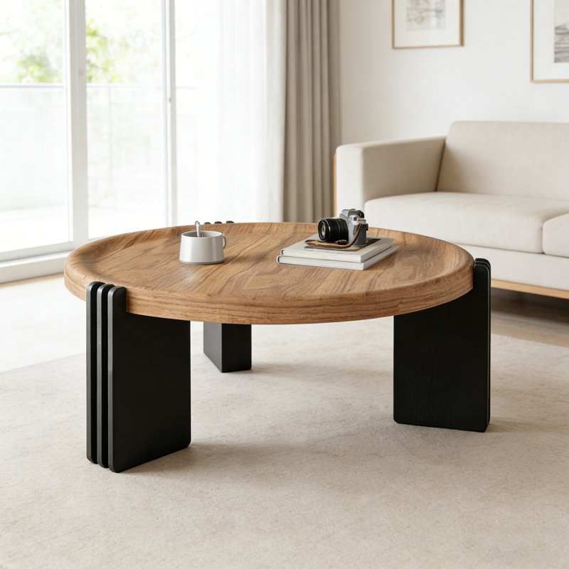 35'' Modern Round Coffee Table, 3 Block Legs Sturdy Center Accent Table