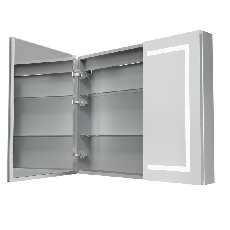 36 po L 30 po H Pharmacie rectangulaire encastrée / à fixation en aluminium argenté à droite H avec miroir et DEL