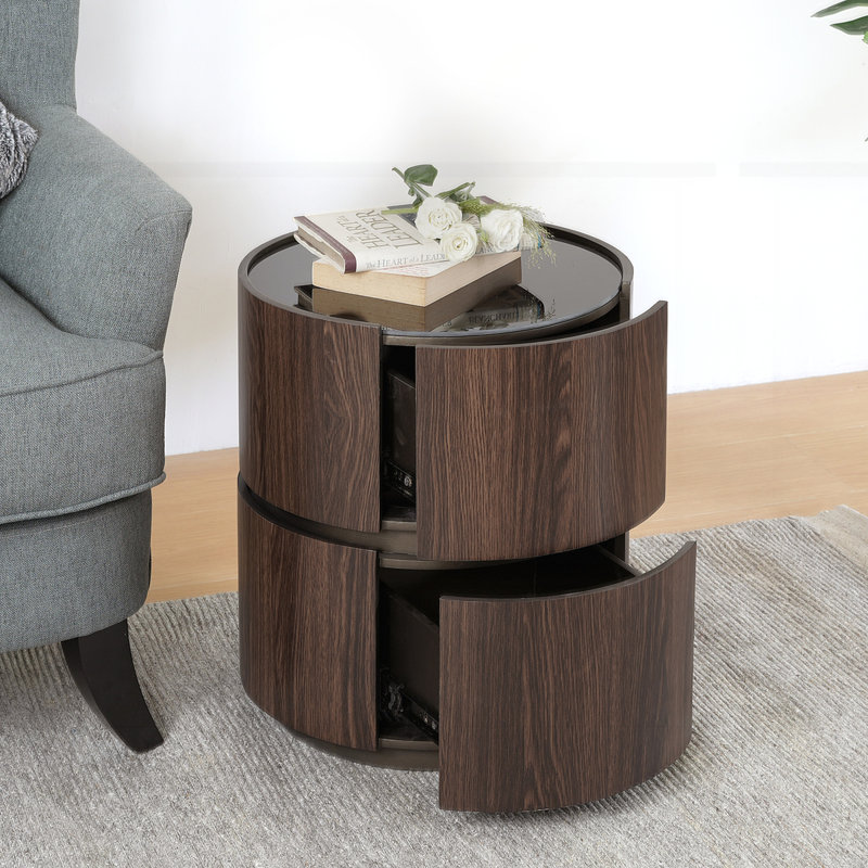 High-Grade Double-Layer Storage Round Side Table, Black/Brown
