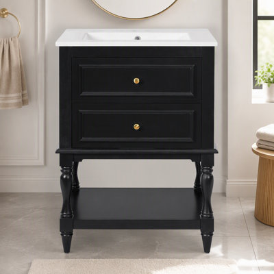 Meuble-lavabo 24 po avec lavabo en céramique, armoire de rangement pour salle de bain avec tablette ouverte, armoire de salle de bain rétro avec 2 tiroirs