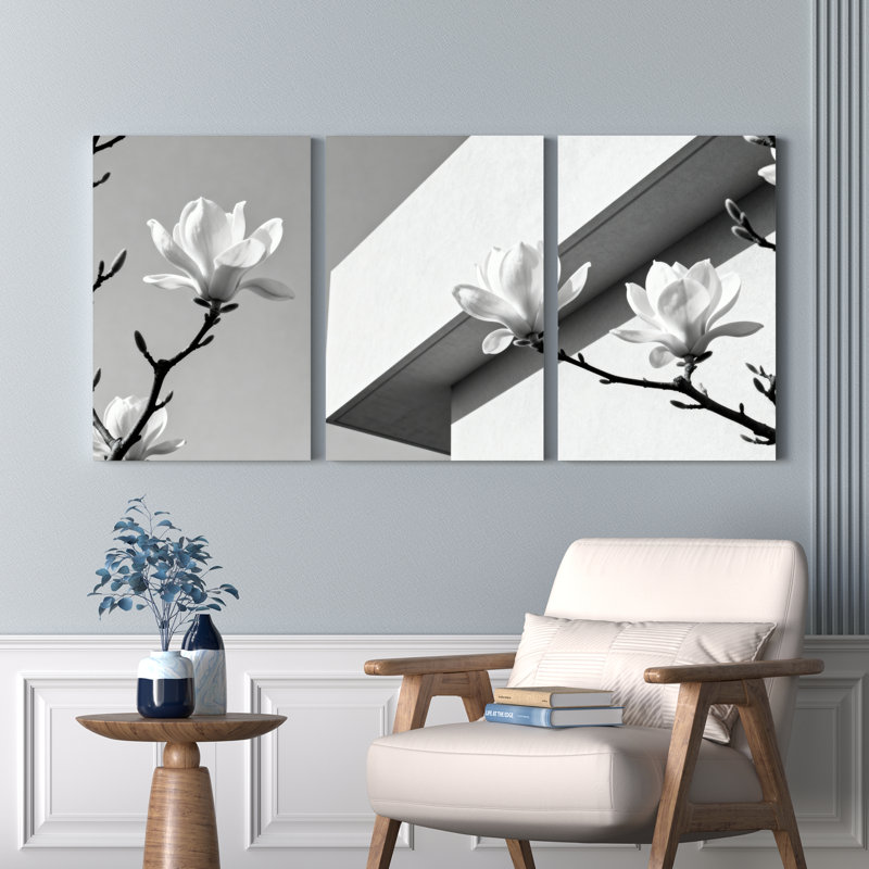 Ensemble de 3 tableaux abstraits de fleurs de magnolia en noir et blanc sur toile tendue, pour la décoration du salon, de la chambre et de la maison.
